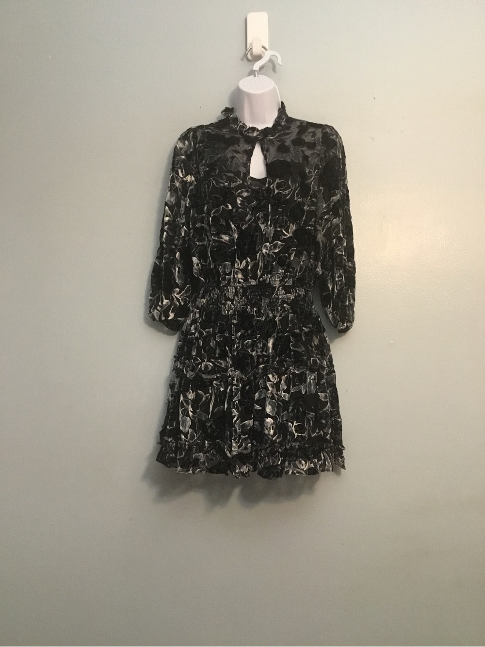 OPT Black Floral Velvet Keyhole Smocked Mini Dress